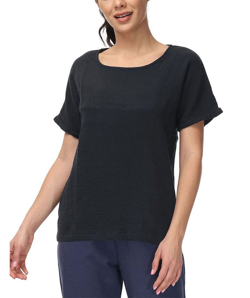 Soojun Women's Solid Round Collar Linen Tops Patchwork Shirts Blouses Black, Medium - Image 1